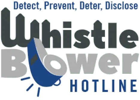 Logotipo da Whistle Blower Hotline com megafone azul incorporado à letra "B" de "Blower". O slogan acima do logotipo diz "Detect, Prevent, Deter, Disclose" (Detectar, Prevenir, Deter, Divulgar) em texto menor.