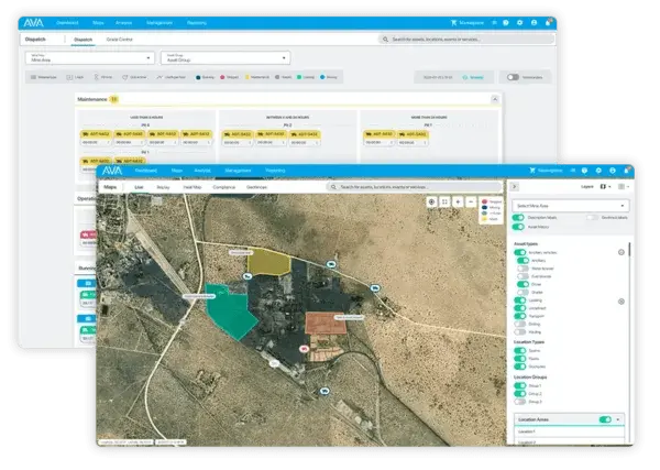 A screenshot of a geographic information system (GIS) interface. The top section shows a data dashboard with filters and status indicators. The bottom section displays an aerial map with labeled areas in various colors, overlayed with icons and options on the side panel.