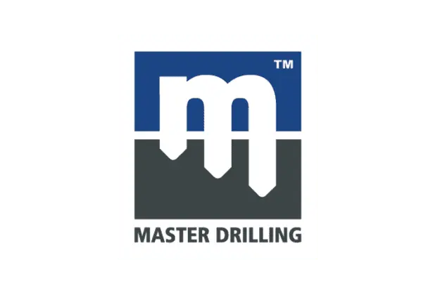 The image shows the logo of Master Drilling, featuring a stylized white letter "M" with three downward-pointing extensions. The background is divided into two sections: blue at the top and dark gray at the bottom. "MASTER DRILLING" is written below the "M.