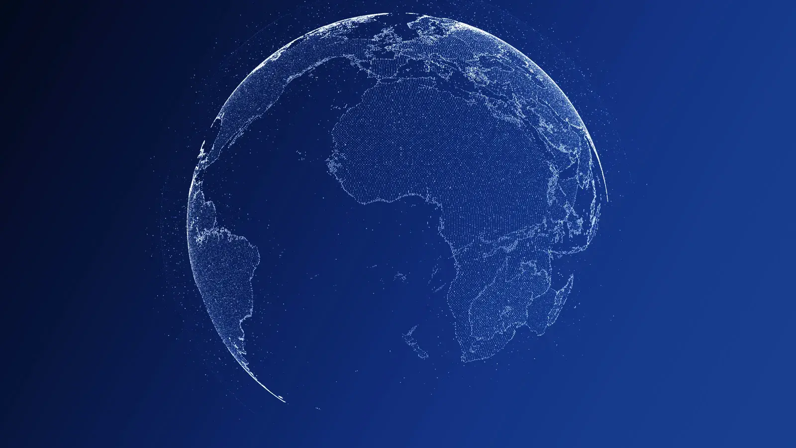 A stylised dotted globe centred on Africa glows on a deep blue background.