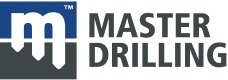 The image shows the Master Drilling logo. The logo consists of a white lowercase "m" on a blue background with a segment of drilling equipment integrated into the letter. To the right of the logo, the words "Master Drilling" are displayed in bold, dark gray capital letters.