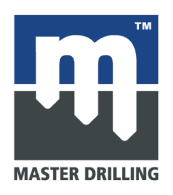 A logo featuring a stylized letter "M" divided into blue on top and dark gray on the bottom resembling drill bits. Below the logo, the text "MASTER DRILLING" is written in capital letters. The trademark symbol (™) appears at the top right corner of the "M".