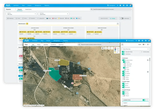 A screenshot of a geographic information system (GIS) interface. The top section shows a data dashboard with filters and status indicators. The bottom section displays an aerial map with labeled areas in various colors, overlayed with icons and options on the side panel.