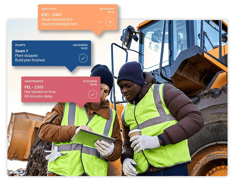 Two construction workers dressed in high-visibility vests and warm clothing review information on a tablet. Three colored boxes with text, containing details of various tasks and deadlines, are overlayed on the image. A large construction vehicle is visible in the background.