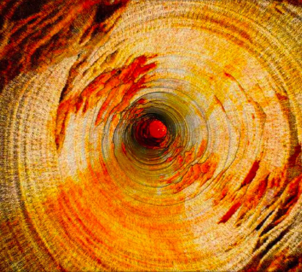 An abstract artwork featuring a vortex-like spiral in fiery hues of red, orange, and yellow. The spiral appears to have a textured surface resembling swirling flames, with the center fading to a darker, deep red, giving a sense of depth and intensity.