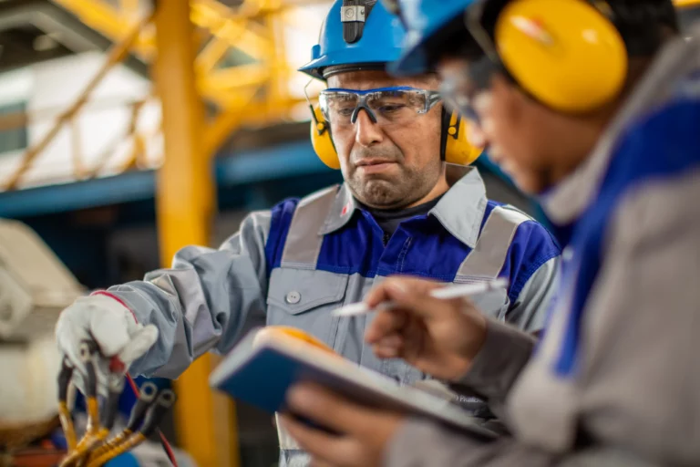 Two industrial workers, wearing blue safety helmets, ear protection, and safety glasses, work together in a factory. One worker inspects machinery while the other takes notes in a small blue notebook. Both wear grey and blue protective clothing.