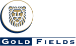 Logo of Gold Fields Limited. The logo features a stylized lion's head inside a circle on the left, with the words "Gold Fields" in capital letters to the right. The design uses gold and dark blue colors.