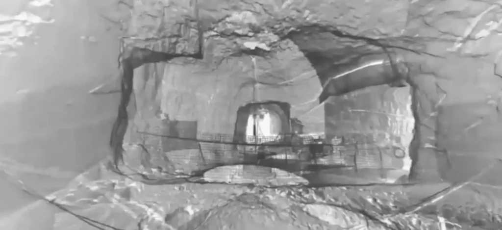 A grayscale image showing the interior of a large rock cave or underground structure with a rectangular doorway in the center. There appear to be construction materials, scaffolding, and cables around the opening, indicating ongoing work or excavation.