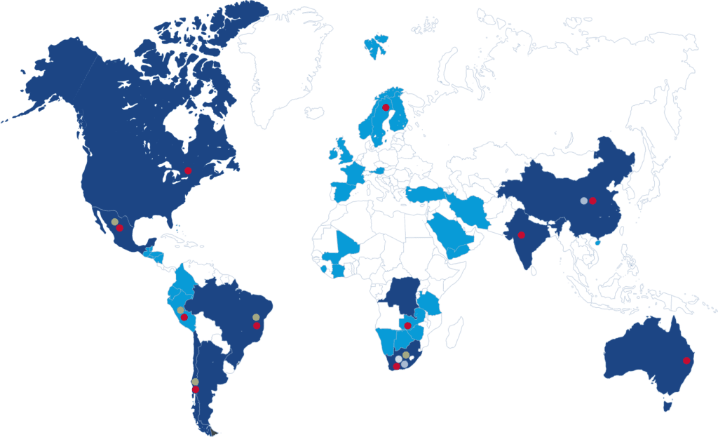 A world map showing various countries colored in dark blue, blue, and light blue, indicating different levels or types of data. Red dots are scattered across several regions, including North America, South America, Europe, Africa, Asia, and Australia.