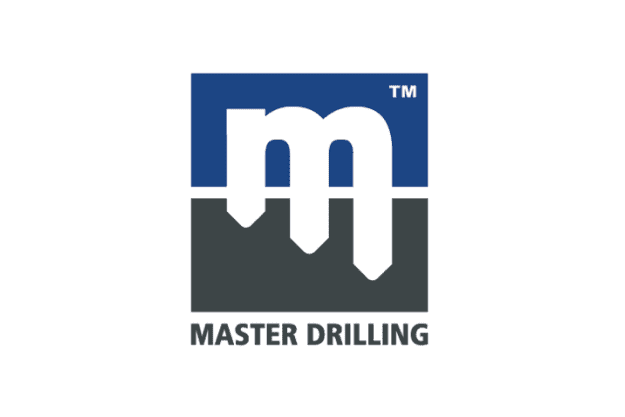 The image shows the logo of Master Drilling, featuring a stylized white letter "M" with three downward-pointing extensions. The background is divided into two sections: blue at the top and dark gray at the bottom. "MASTER DRILLING" is written below the "M.