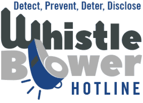 Logo for Whistle Blower Hotline with blue megaphone incorporated into the letter "B" in "Blower." Slogan above logo reads "Detect, Prevent, Deter, Disclose" in smaller text.